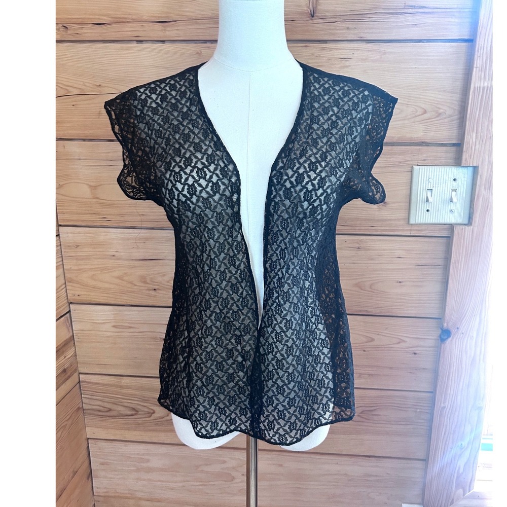 Vintage Lace Open Front Vest Womens Large Black Sheer Floral‎ Layering Miss Sam